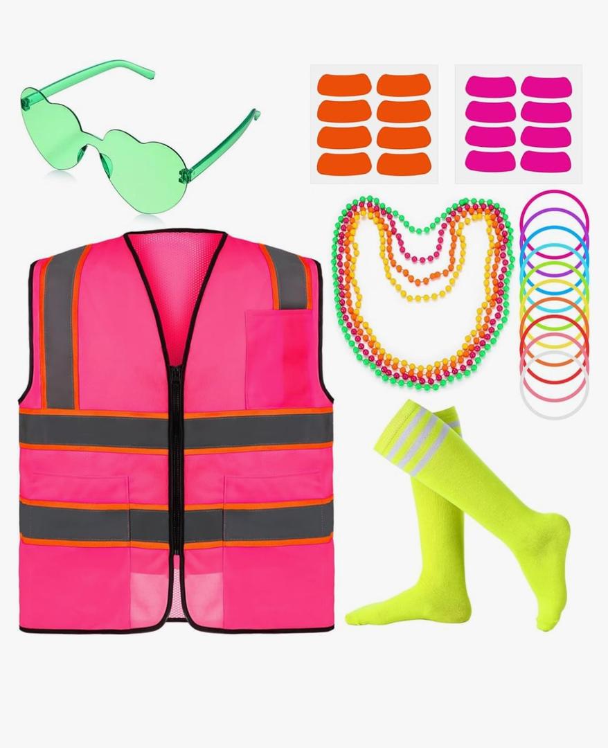 Neon Outfit Neon Costume Accessories Reflective Vest Sunglasses Necklace Bracelet for Glow Party Football Game