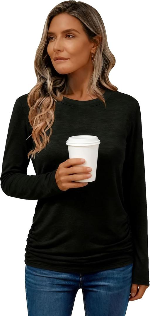 MAGICMK Womens Long Sleeve Shirts Business Casual Tops Blouse Fall Trendy Tshirt Outfits Clothes (Black, XL)