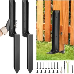 2 Pcs Fence Post Repair Kit, Heavy Duty Fence Post Anchor Ground Stakes for Repair Tilted, Broken Wood Support, Black