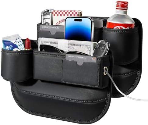 2 PACK Universal Car Seat Gap Filler Organizer with Small Cup Holder, Leather Center Console Organizer with Card Slot for Car Suv Truck, Prevent Phone or Key Falling, Black