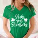 Shake Your Shamrocks Funny St. Patrick's Day Irish T-Shirt Women V-Neck Letter Print Cute Shamrock Shirt Tee Tops Size L (Green) (Green, L)