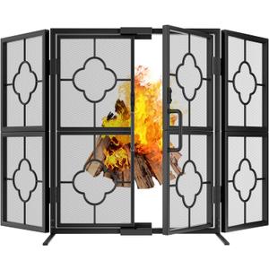 Amagabeli 3 Panel Fireplace Screen with Doors 48" W x 28" H Foldable Wrought Iron Heavy Duty Metal Modern Decorative Fireplace Spark Guard Cover Handcrafted Solid Mesh Stand Alone Screen for Fire