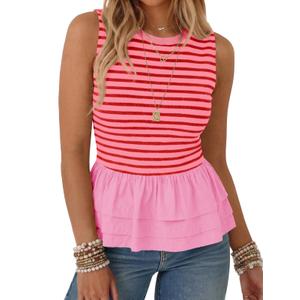 Tankaneo Womens Summer Striped Peplum Tank Tops Pink (Red, L)