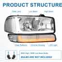 LED DRL Headlights Assembly Compatible with 1999-2007 GMC Sierra / 2000-2006 Yukon XL 1500 2500 Excluding Denali Vehicles Clear Reflector Chrome Housing