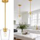 Pendant Lights Kitchen Island, 8" Brushed Gold Hanging Light Fixtures with Clear Glass Shade, Modern Kitchen Pendant Lighting Over Island for Dining Room, AD-22004-1PL-GD-C