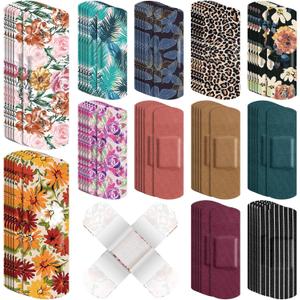 180 Pcs Flexible Fabric Adhesive Bandages Bulk Assorted Bandages Floral Breathable Fabric Strip with Non Stick Pad, Flexible Protection Wound Care for Women Cuts Scrapes First Aid, 12 Styles