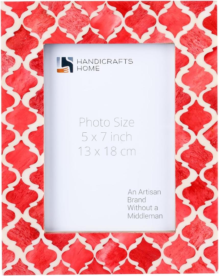 Picture Photo Frame Moorish Damask Moroccan Arts Inspired Handmade Naturals Bone Frames Photo Size 5"x7", Red White