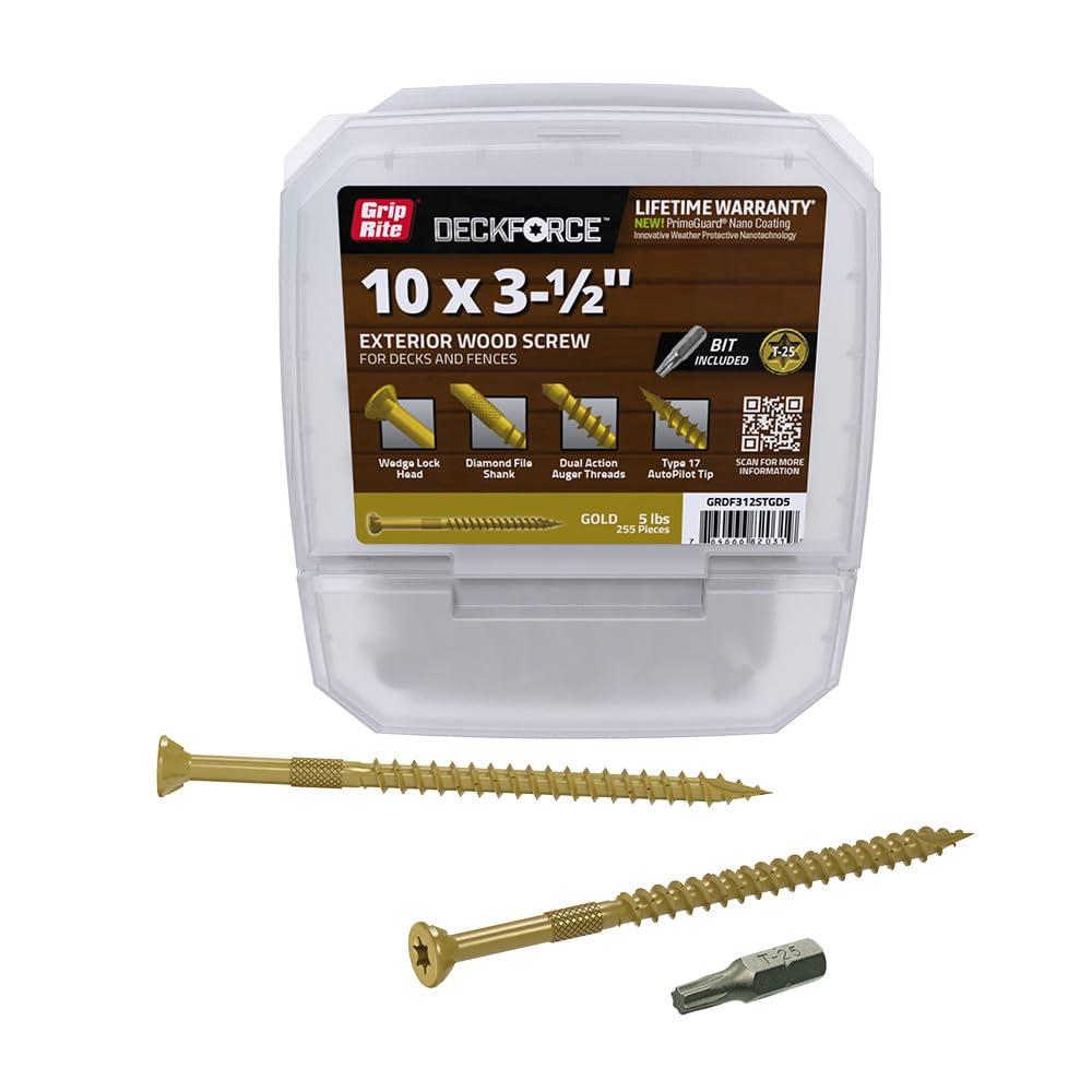 Grip-Rite DeckForce Exterior Wood Screws for Decks and Fences - Nano Coated - T-17 Autopilot Tip - Gold Deck Screws - #10 x 3-1/2" - 5 Lb Box - GRDF312STGD5