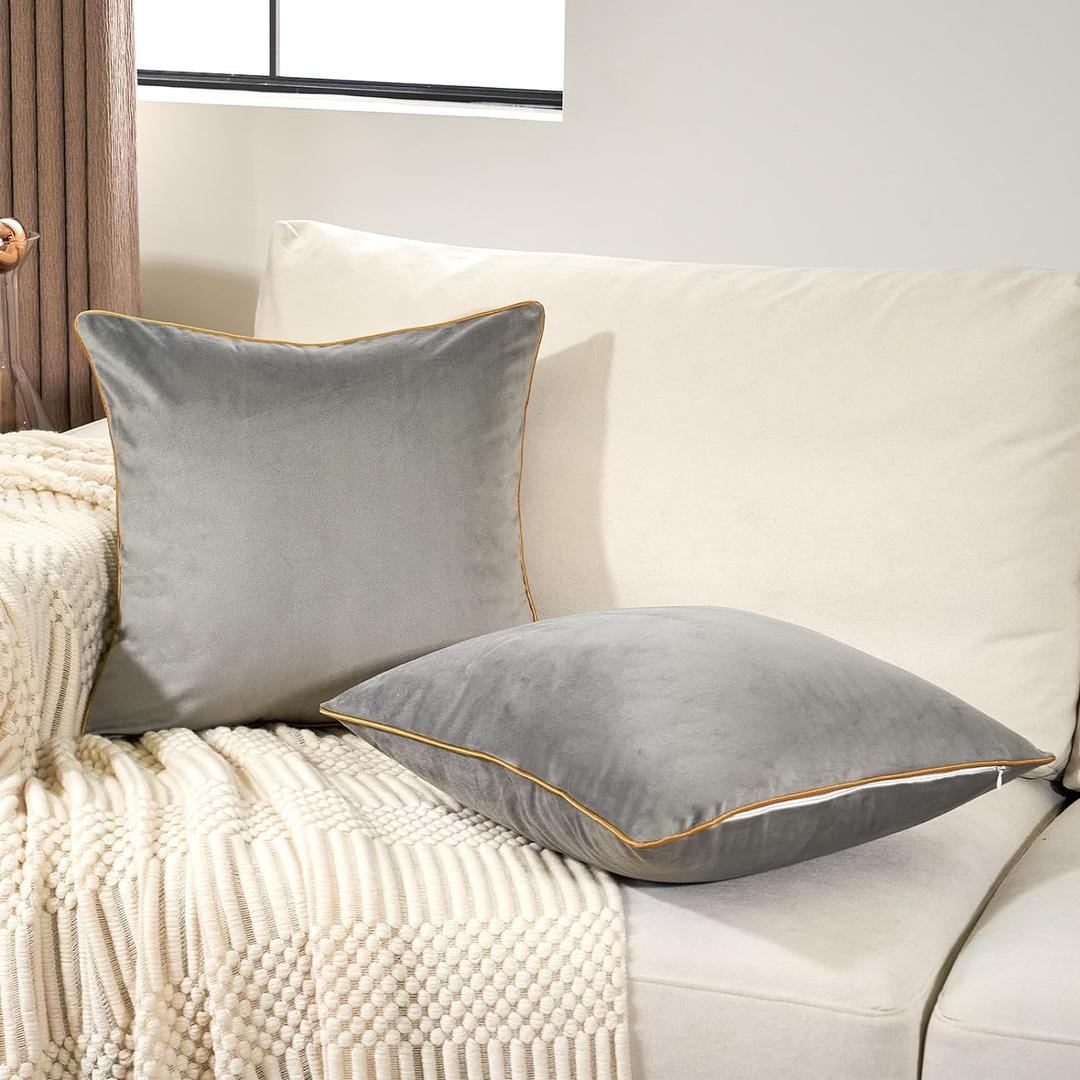 Aeckself Pack of 2 Gray Velvet Pillow Covers 18 x 18 Inch, Modern Luxury Decorative Pillowcase with Gold Trim Edge, Comfortable Soft Solid Cushion Case for Couch Bedroom Living Room (Grey) Aeckself Pack of 2 Gray Velvet Pillow Covers 18 x 18 Inch, Modern Luxury Decorative Pillowcase with Gold Trim Edge, Comfortable Soft Solid Cushion Case for Couch Bedroom Living Room (Grey)