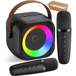 Karaoke Machine, Portable Bluetooth Speaker with 2 Wireless Microphones for Kids, Karaoke Toys Gifts Toys for Girls Boys Family Home Party (Black)