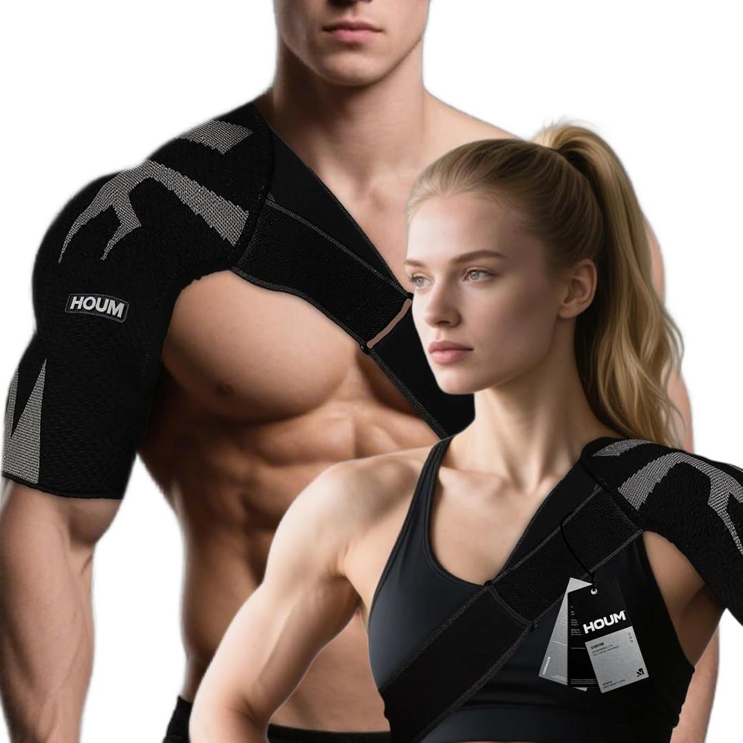HOUM Rotator Cuff Shoulder Brace with Adjustable Compression Sleeve, Hot/Cold Pack Compatible, Breathable Shoulder Support for Pain Relief, Fits Left/Right Arm, Men & Women (Large)