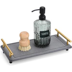 Segbeauty 12x6 Bathroom Counter Tray, Quick Dry Water Absorbing Stone Drying Tray with Handle, Fast Drying Diatomaceous Bathroom Tray Soap Dispenser Organizer Drying Stone Kitchen Bathroom Countertop (Gray-gold)