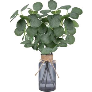 Artificial Eucalyptus Stems in Black Glass Vase 14" 6Pcs Faux Eucalyptus Branches Home Table Decor Fake Plants Stems for Farmhouse Kitchen Bathroom Decorations