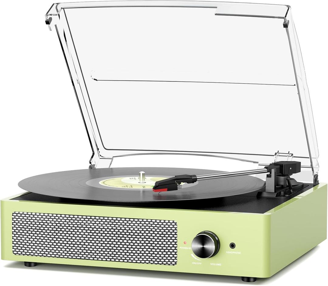 Vinyl Record Player with 2 Stereo Speakers Belt-Driven Vintage Turntables 3 Speed 3 Size Wireless Bluetooth Playback AUX-in RCA Out Headphone LP Vinyl Players Auto Stop Light Green