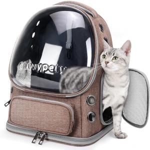 Cat Backpack Carrier, Breathable Cat Carrier Large Space Bubble Pet Backpack for Kitty Small Dog up to 15lbs, Transparent & Foldable Pet Carrier for Travel Hiking (Khaki)