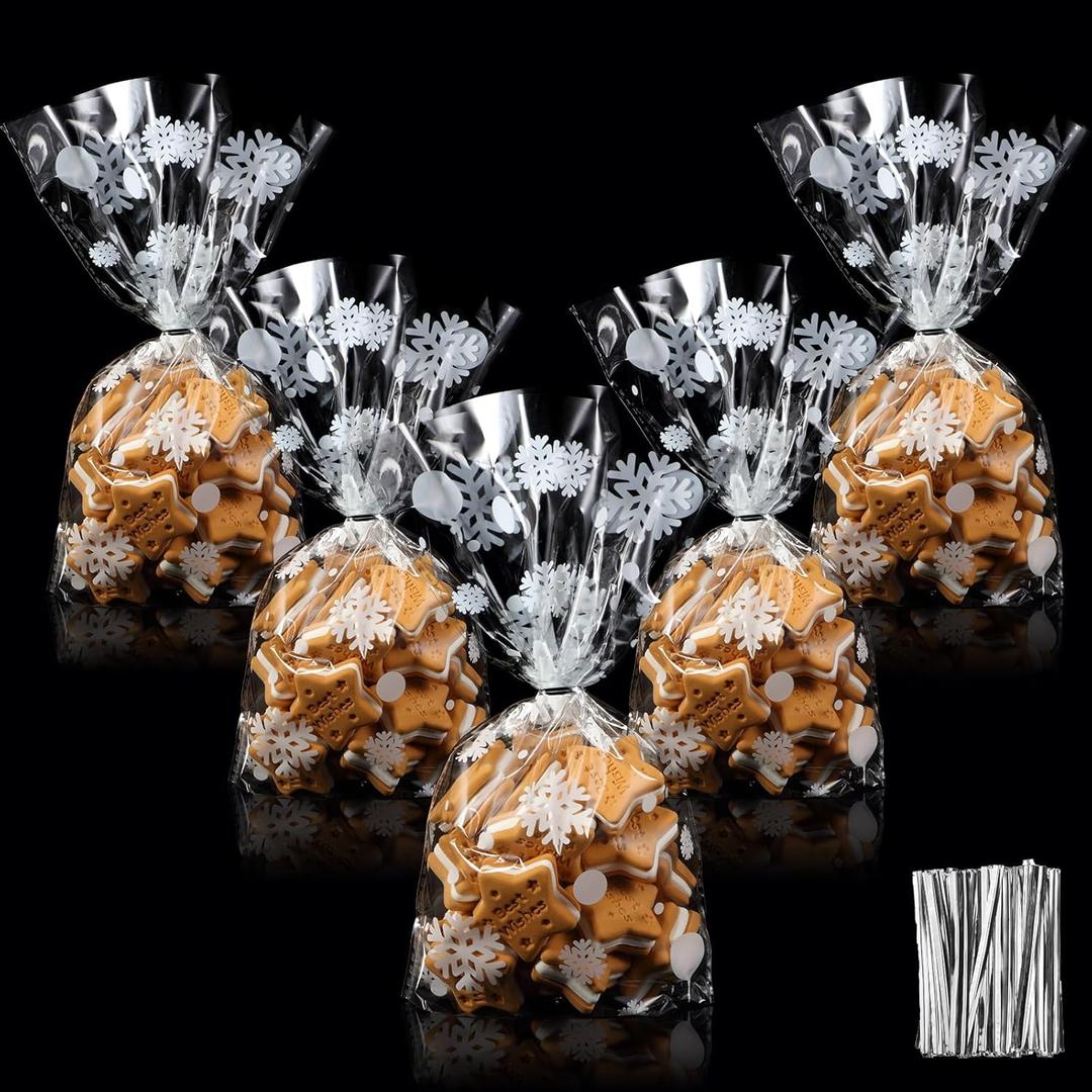 Outus 100 Pcs Christmas Favor Bags Snowflake Santa Claus Treat Bags Flat Cellophane Plastic Bags for Bakery Popcorn Cookies Candies Dessert with 100 Pieces Twist Ties (Clear with White, Snowflake)