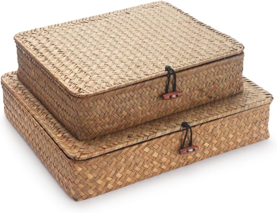 Seagrass Storage Basket Box with Lid Rectangular Woven Shelf Baskets Bins for Organize Snack Toys Set of 2 Natural Decorative, (Large+Small)