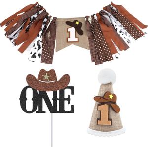 Cowboy 1st Birthday High Chair Banner Western First Rodeo Party Decorations Farm Photo Prop Smash Cake Decor One Cowboy Tassel Garland One Cake Topper and 1st Birthday Hat