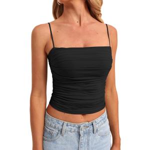 Darong Women Padded Double Lined Ruched Tank Tops Bulit in Bra Summer Spaghetti Strap Going Out Crop Tank Shirts (X-Small, Black)
