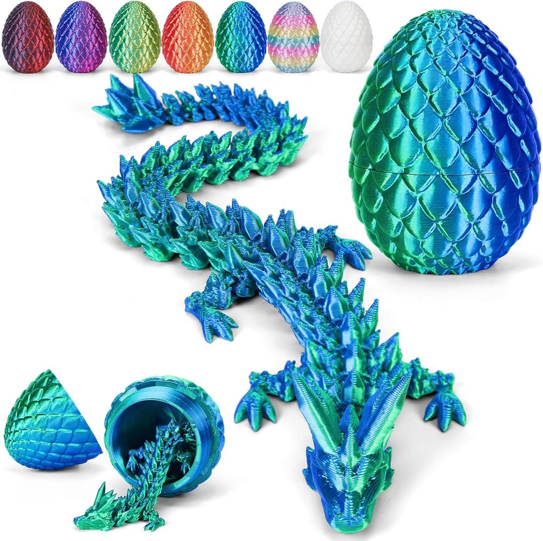 Aodomis Adomis 12inch 3D Printed Dragon Egg with Articulated Crystal Dragon Inside -Fidget Toys for Kids 8-12,Dinosaur Egg Toys for Kids Teens Adults, (Laser Cyan)