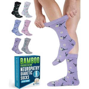 Doctor's Select Diabetic Socks for Women - 6 Pairs Knit Neuropathy Socks for Women, Moisture Wicking Bamboo Viscose