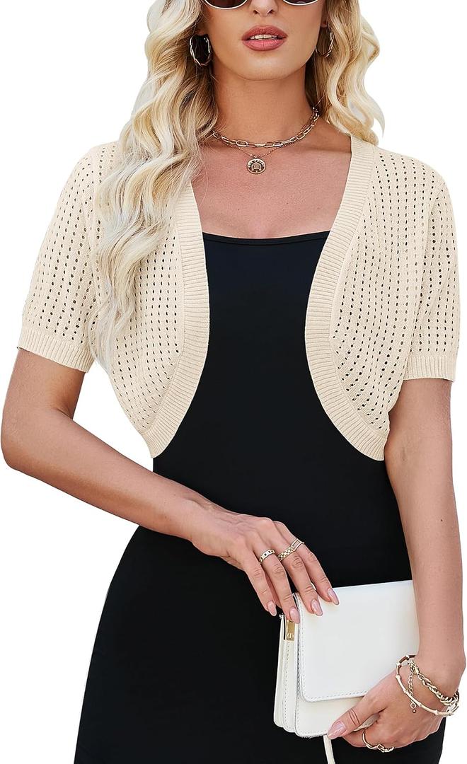 Womens Short Sleeve Shrug Cardigan Bolero Lightweight Open Front Knit Sweater Cardigans Shrug for Dress S-XXL (Beige)