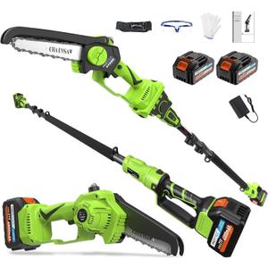 2 in 1 Pole Saw 6 inch with Mini Chainsaw, 2 21V 4.0Ah Batteries, Extending Pole, Angled Head, Electric Pole Chainsaw for Tree Trimming, Lightweight, Brushless Motor, Tool-Free Chain Tension
