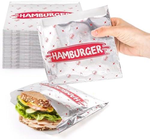 Suwimut 80 Pack Burger Wrappers, Insulated Aluminum Foil Paper Hamburger Sleeves, Grease Proof Sandwich Bags Disposable Takeout Food Sleeves Bulk for Panini's, Hot Sandwich, BBQ, Pretzels