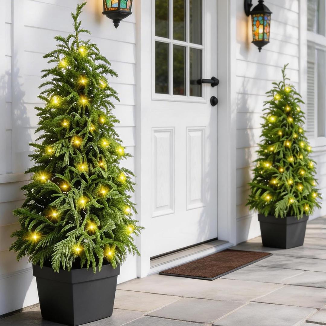 3FT Lighted Artificial Topiary Trees Outdoor Set of 2, Realistic Lighted Norfolk Pine Faux Trees with Planters, Battery Operated Warm White Lights for Front Porch Entryway Patio Decor
