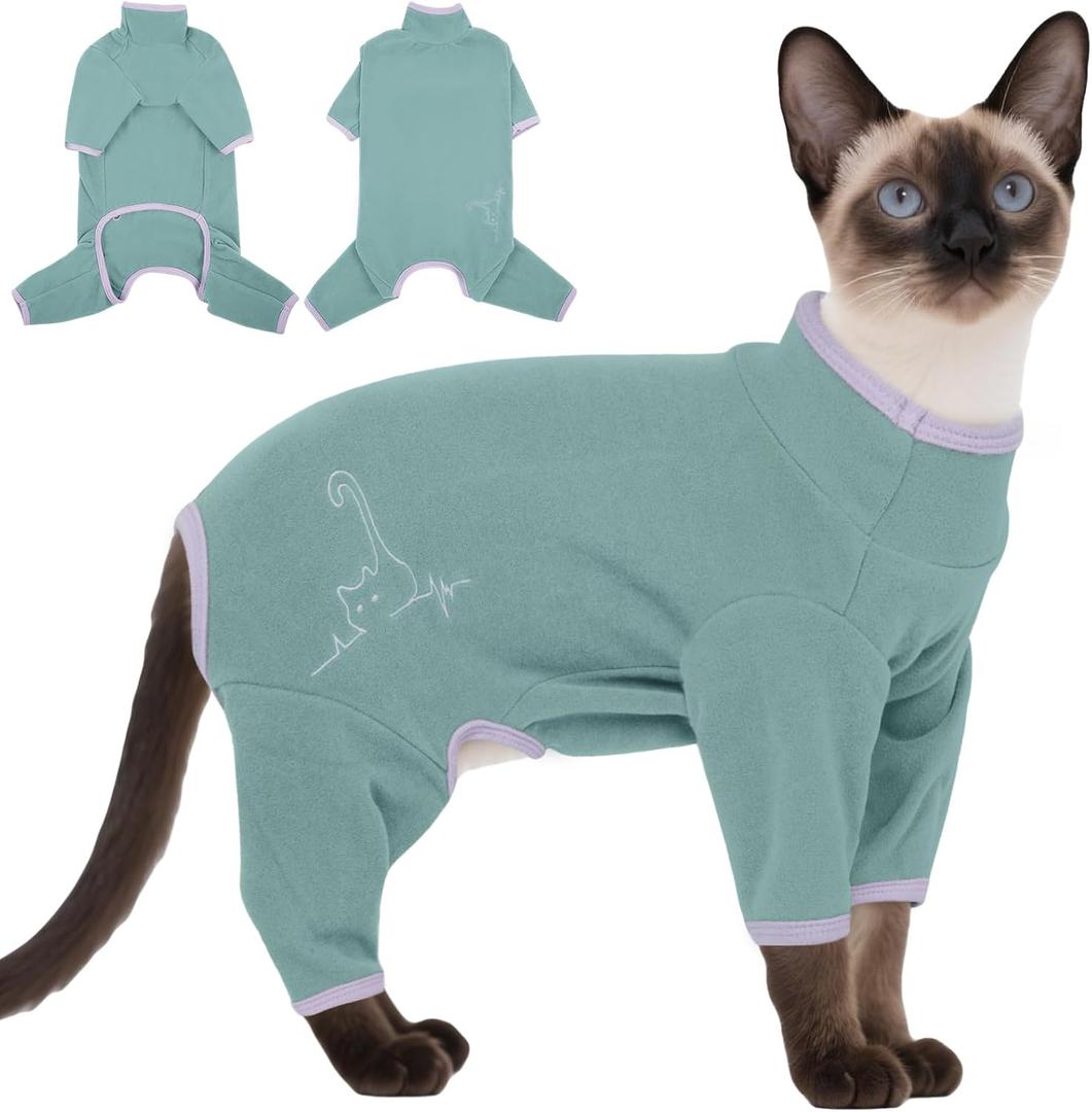 DENTRUN Cat Clothes for Hair Control with Hair Sticky Fabric - Soft Recovery Suit & Breathable Lint-Resistant Cat Sweater for Cats Only, Kitten Onesie Pajamas, M, Bean Green