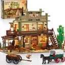 Western Saloon Building Set with LED Light, Wild West Building Block Toy 1727 PCS, Old West Construction Model with Horse Stable Cowboy Hat, House Building Kit Gift for Adults Teens 12+