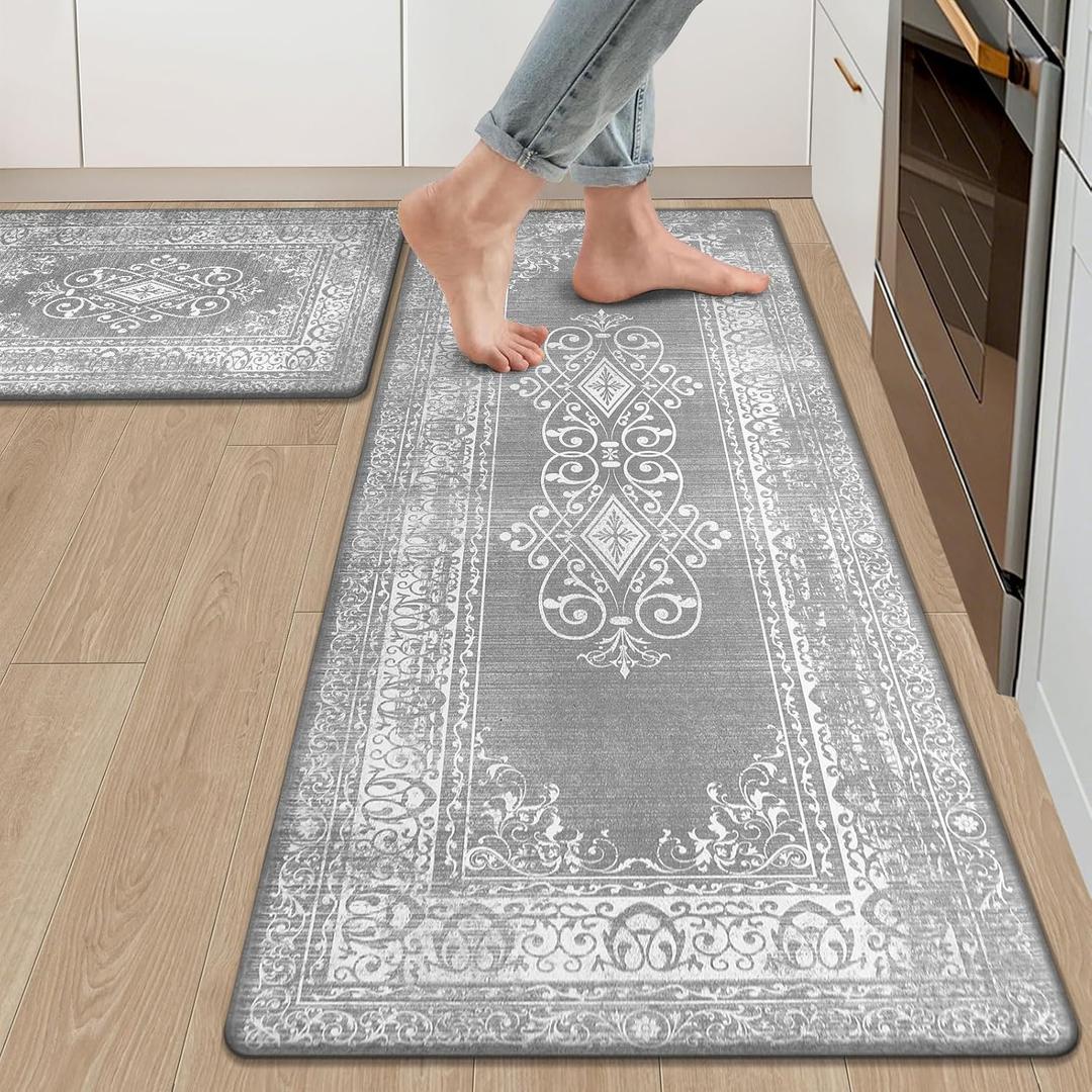 Ileading Anti Fatigue Kitchen Rugs Sets of 2 Cushioned Kitchen Mats for Floor Waterproof Kitchen Mat Set Non Slip Comfort Standing Mat for Kitchen, Office, Sink, Laundry (17"x47"+17"x28"-0.4", Vintage Grey)