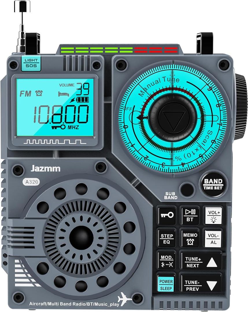 Portable Shortwave Radio with 5W Bass Sound, AIR/AM/FM/VHF/SW/WB Worldband Radio with Bluetooth and APP Control, 2000mAh Rechargeable Battery with 9.85 Ft Wire Antenna,Flashlight,Recording (Blue)