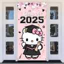 Hello Kity Graduation Decorations Pink Door Banner Cover 35.4x70.8 Inches Pink Graduation Party Decorations Class of 2025 Party Supplies Door Banner for Welcome Guest
