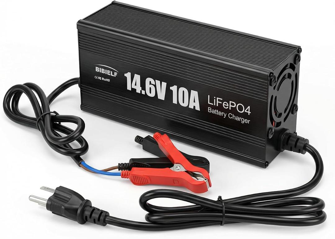 12V 10A LiFePO4 Battery Charger, 14.6V 10A Smart Automatic Charger for 12V Lithium Battery, Aluminum Case with Cooling Fan, Overcharge Protection for Car, RV, Boat, Motorcycle