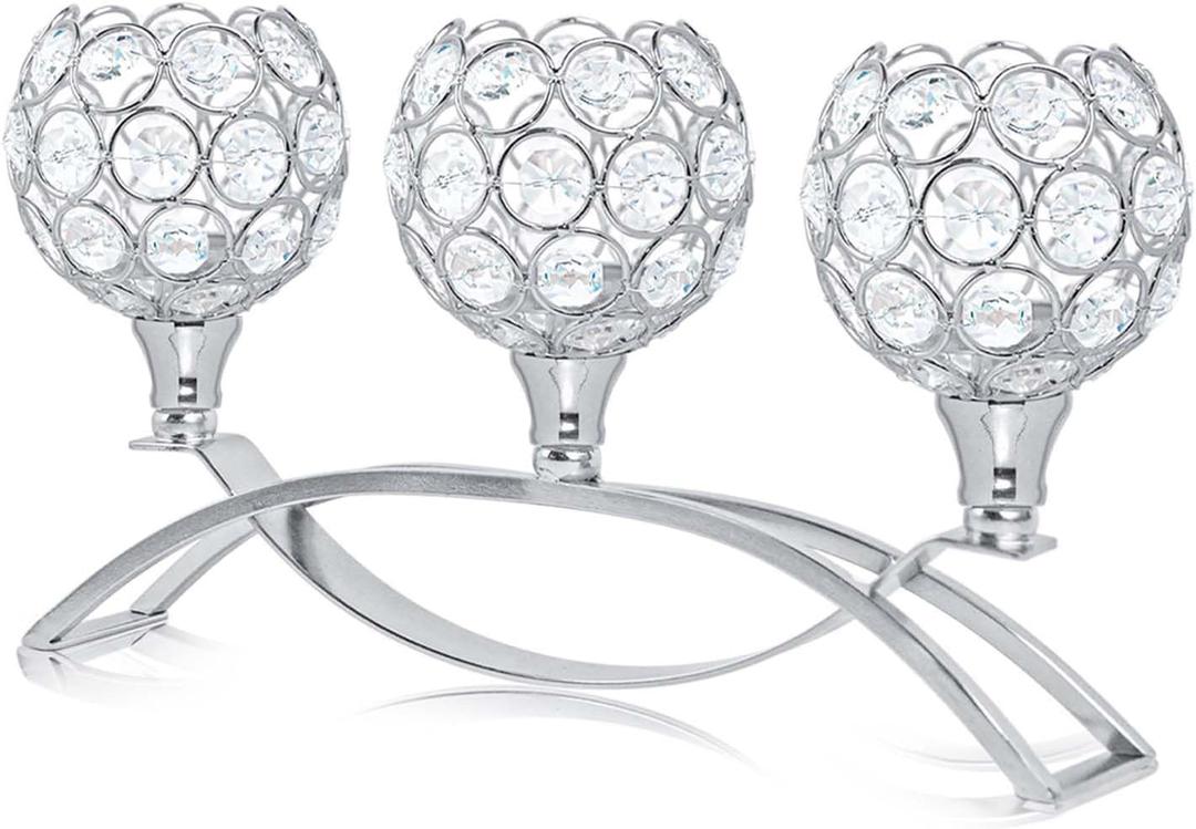 Crystal Tealight Candle Holder Centerpiece Home Decorative Candlestick Holder Elegant Table Centerpiece Home Decor Wedding Party Anniversary (Silver, 3 Arm)