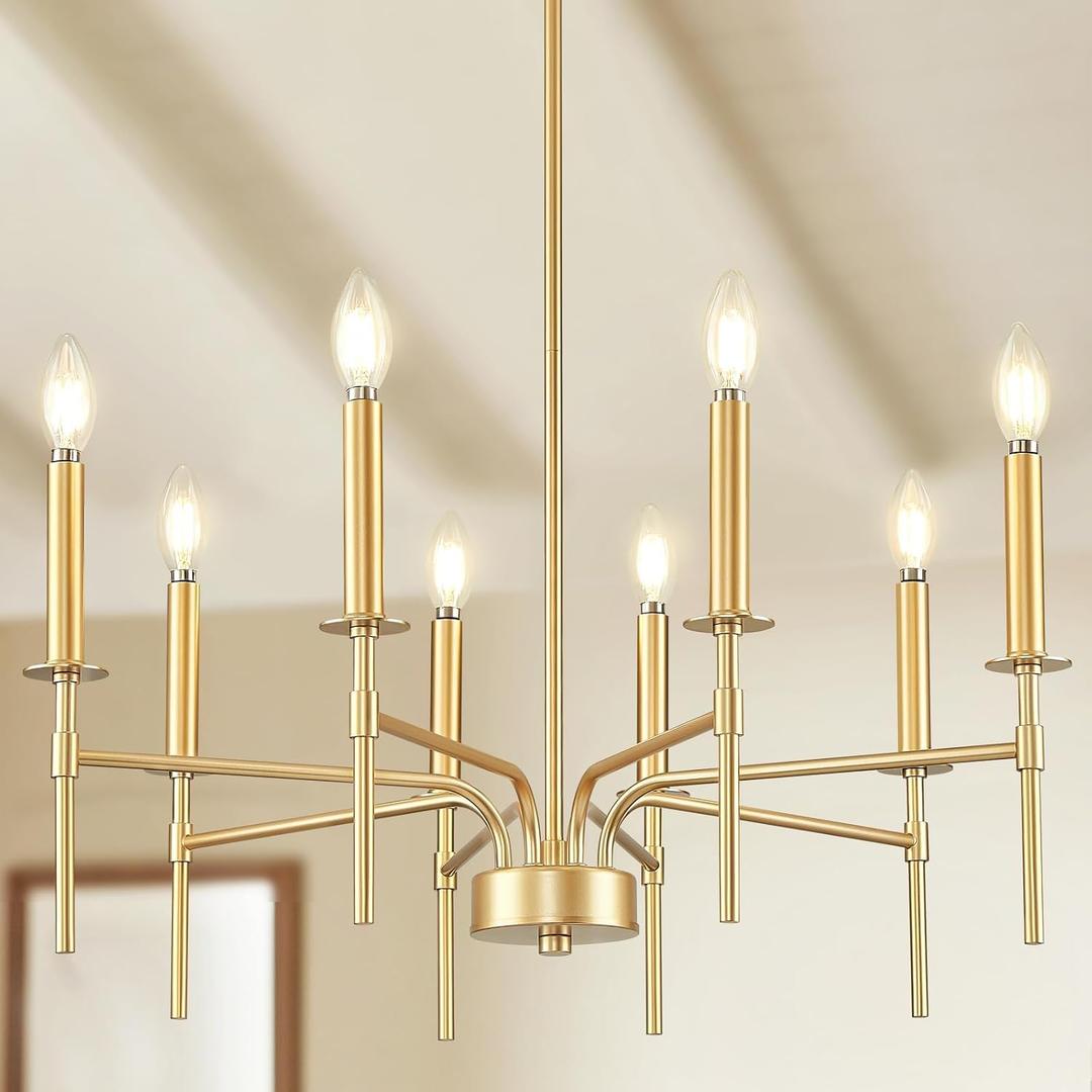 Pevfah Modern Farmhouse Gold Chandeliers for Dining Room Light Fixture, 8-Light Metal Candle Chandeliers Lighting for Living Room Staircase Foyer Entryway Bedroom