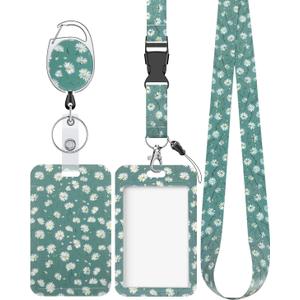Uniclife Floral Sliding Badge Holder White Daisy Plastic Case with Retractable Badge Reel Carabiner Clip & Detachable Lanyard Strap Fashionable Vertical Card Protector for Women Nurse Teacher Student (Green Base Daisy)