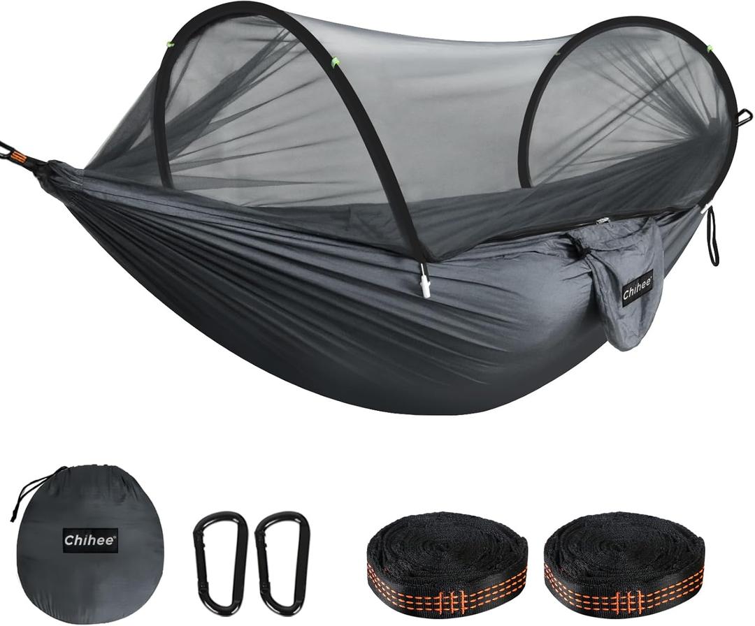 Chihee Ultra-Light Travel Camping Hammock Pop-up Net Hammock 660lbs Load Capacity, Breathable, Quick-Drying Parachute Nylon 2 Premium Carabiners,2 Tree Slings Included for Outdoor Backpacking Hiking (Dark Grey)
