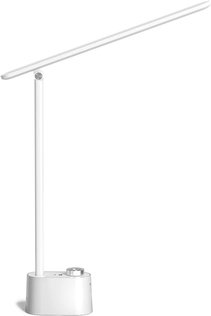 Honeywell LED Desk Lamp with USB Charging Ports - Sunturalux HWT-H01 Stepless Dimmable Eye Caring Table Lamp for College Dorm Home Office, Foldable Small Bedside Lamp for Bedroom with Base White