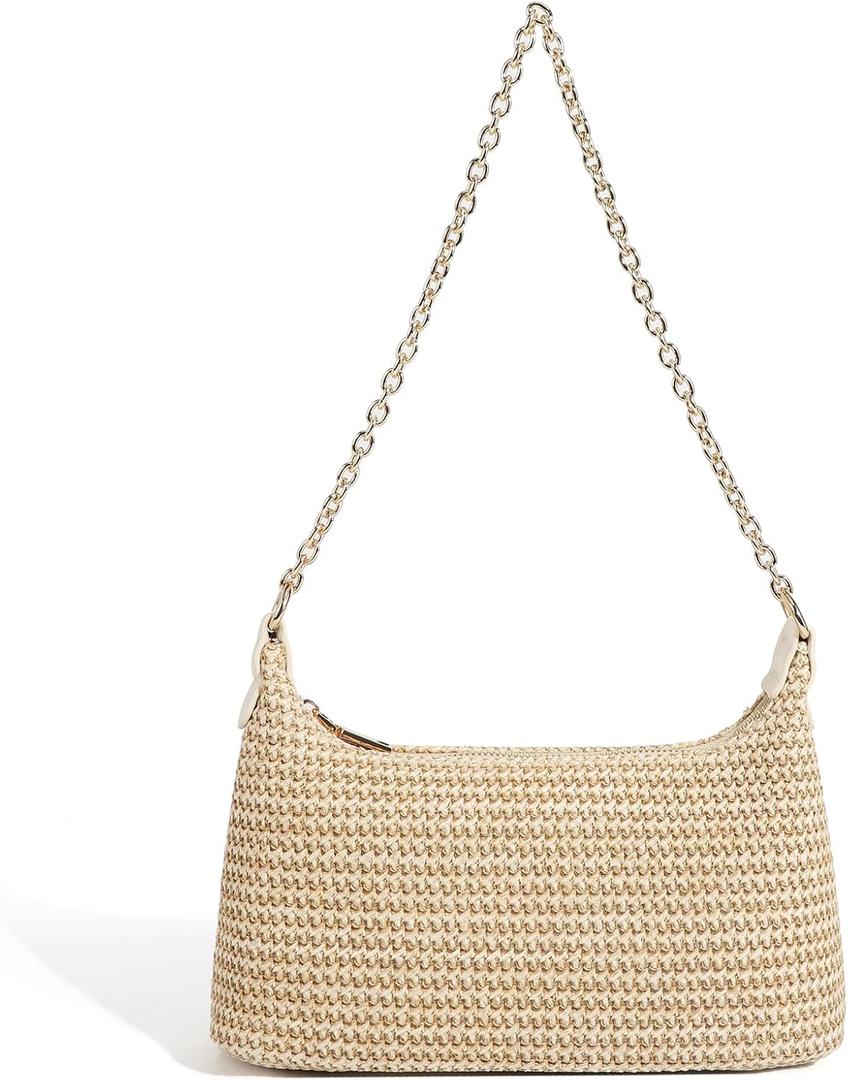 Handmade Straw Tote Bag for Women - Boho Beach Purse with Chain Strap,Summer Market Bag,Eco Friendly Woven Rattan (Beige)