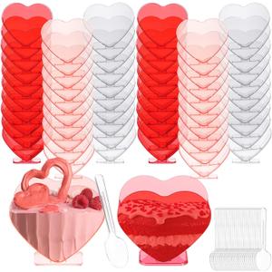 Mini Heart Shaped Dessert Cups with Spoons 2.7 oz Valentine Day Plastic Appetizer Cup Clear Disposable Reusable Heart Shaped Bowl for Valentine Wedding Party Cakes Ice Cream(Multicolor,60 Set)