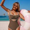 ZAFUL Bikini Sets for Women Color Block Ruched Bandeau Bikini V Neck Tummy Control Swimsuit Romper 2 Piece Bathing Suit 0-Brown S (S)