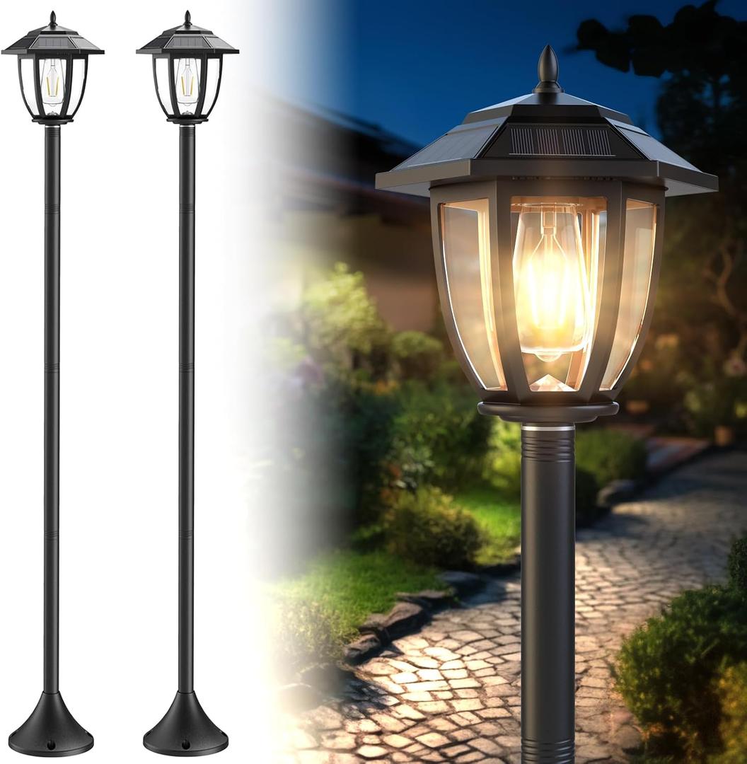 Greluna 64" Solar Post Lights Outdoor Waterproof 2 Pack, Decorative Lamp Post Lights with Glass, Steel Pole, Auto On/Off, Easy Installation for Garden, Yard, Patio, Porch(Warm White)
