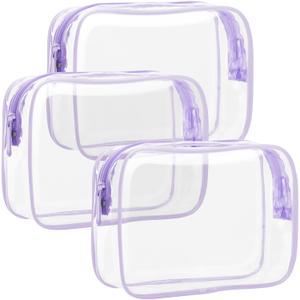 F-color TSA Approved Toiletry Bag 3 Pack Medium - Clear Makeup Bag Travel Quart Size for Women Men, Clear Cosmetic Bag Airport Airline Compliant Carry on Bag, Macaron Purple