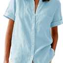 Womens Button Down Shirts Oxford Short Sleeve Cotton Dress Shirts Collared Button Up Casual Blouses Tops with Pocket (Blue, L)