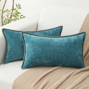 decorUhome Summer Chenille Soft Cozy Throw Pillow Covers 12x20 Set of 2, Modern Farmhouse Boho Velvet Decorative Pillow Cases with Stitched Edge for Couch Sofa Bed Home Decor, Teal