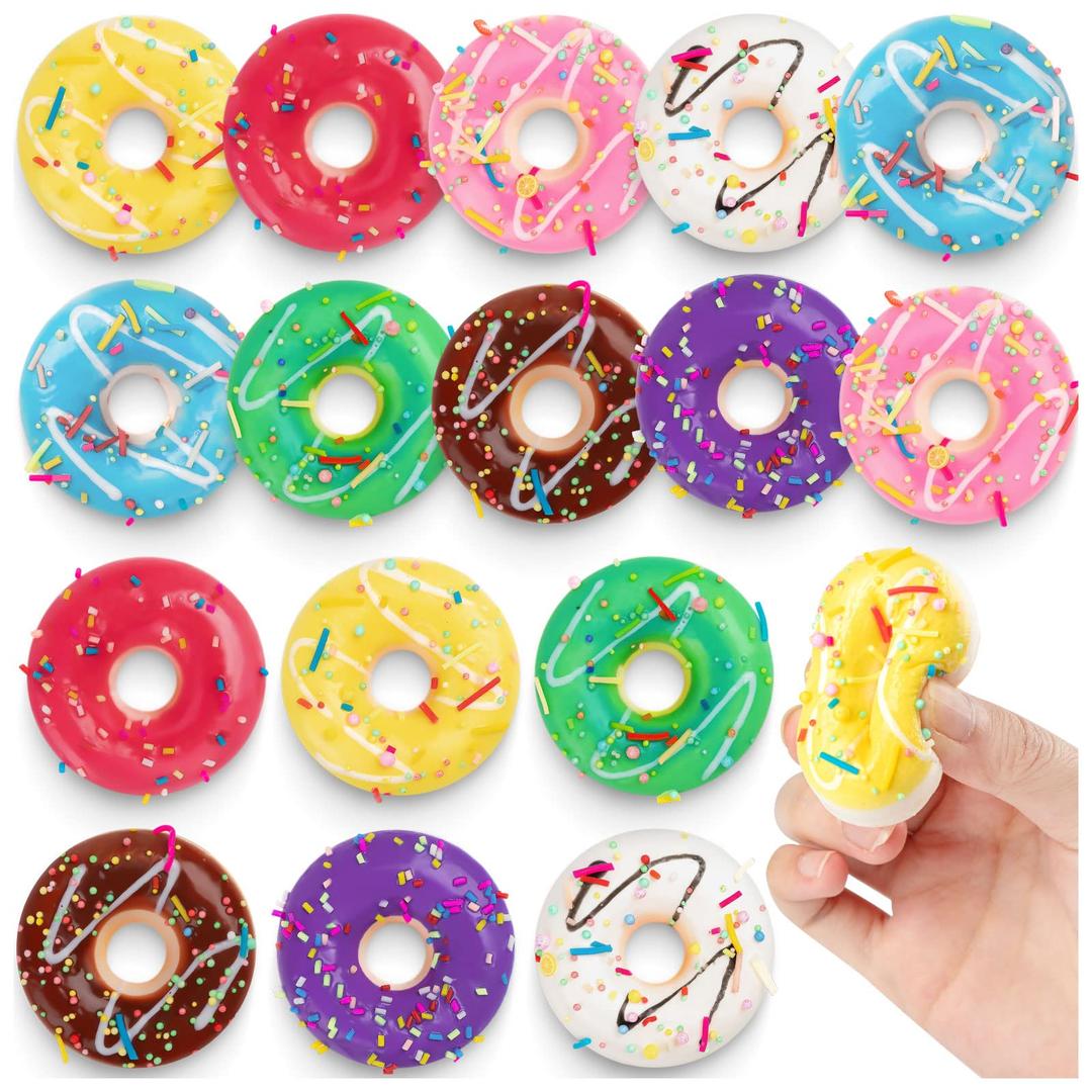 Rainbow Donut Stress Ball Artificial Donuts Stress Relief Ball Foam Mini Donut for Donut Party Favors Birthday Party Shop Decoration （8 Colors 16pcs）