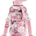 Fimibuke Half Gallon Water Bottle with Sleeve 64 OZ Water Bottle with Handle & Straw Leakproof Motivational Sports Gym Water Bottle with Time Marker BPA Free Water Jug with Reusable Neoprene Holder (A4.Floral Pink)