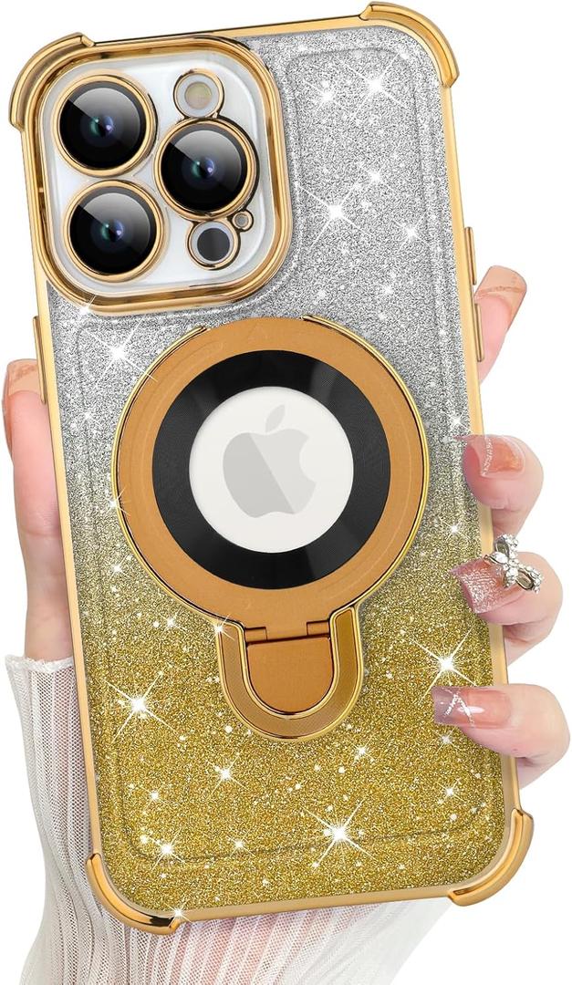 KANGHAR for iPhone 12 Pro Max Case, Support for MagSafe [Four Corner Cushion Series] Kickstand Electroplate Edge Shockproof Durable Full Body Protection for Girls Women -Gold